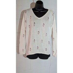 White House Black Market V Neck Knit Sweater Diamond Pattern Pullover Top Medium